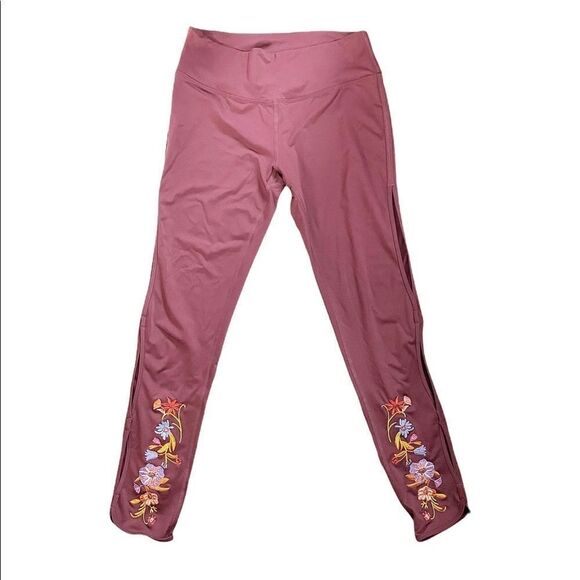 Embroidered Maroon Red Floral Cut Out Keyhole Leggings Size Small - Picture 1 of 5